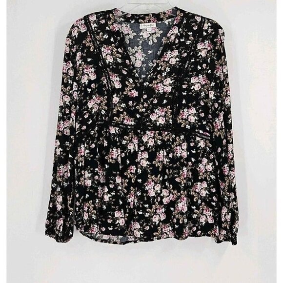 love, Fire Tops - Love Fire Black Floral Lace Trim Elastic Wrist V-Neck Lightweight Top Sz M